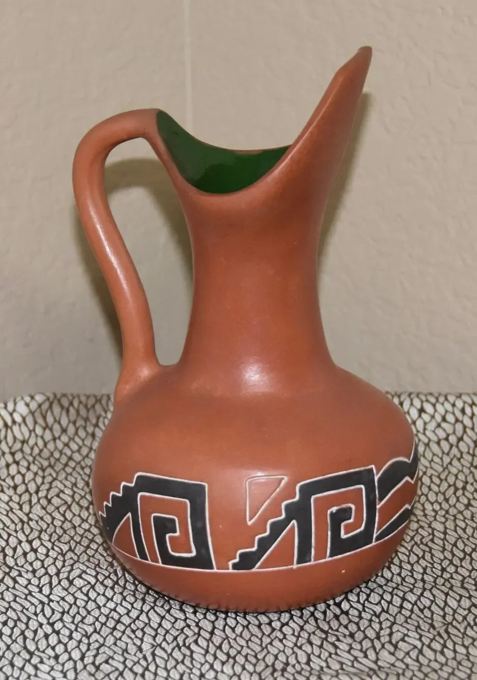 Mexican Hand Crafted Aztec Design Water Jug Pitcher - Red Clay / Barro Rojo